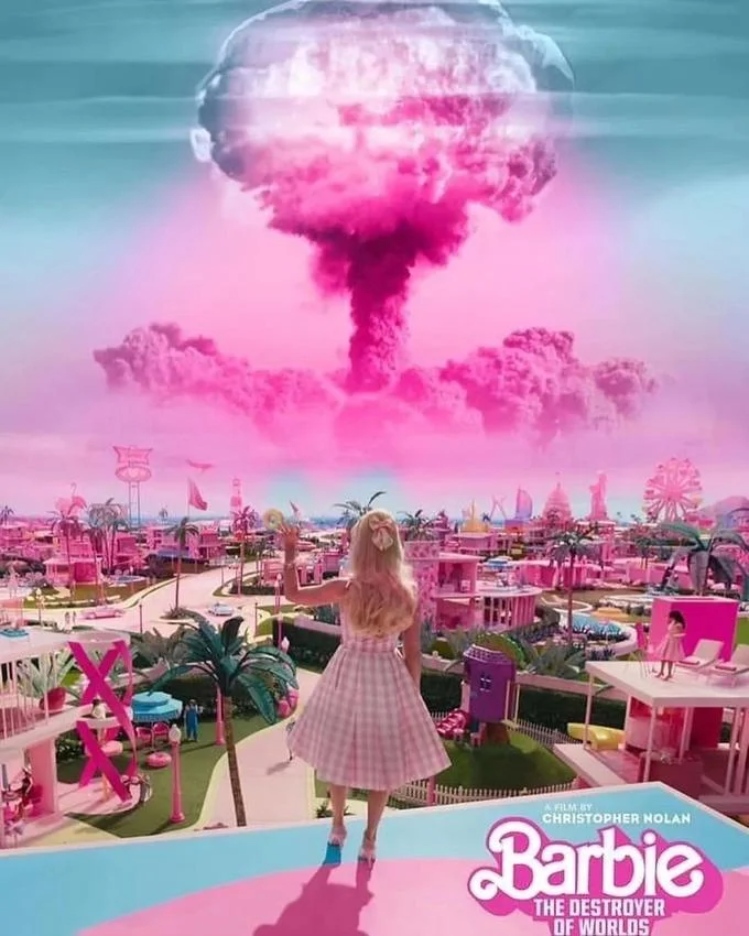 Barbenheimer — Composite with pink nuclear mushroom cloud over Barbie Dreamhouse with destroyer caption.