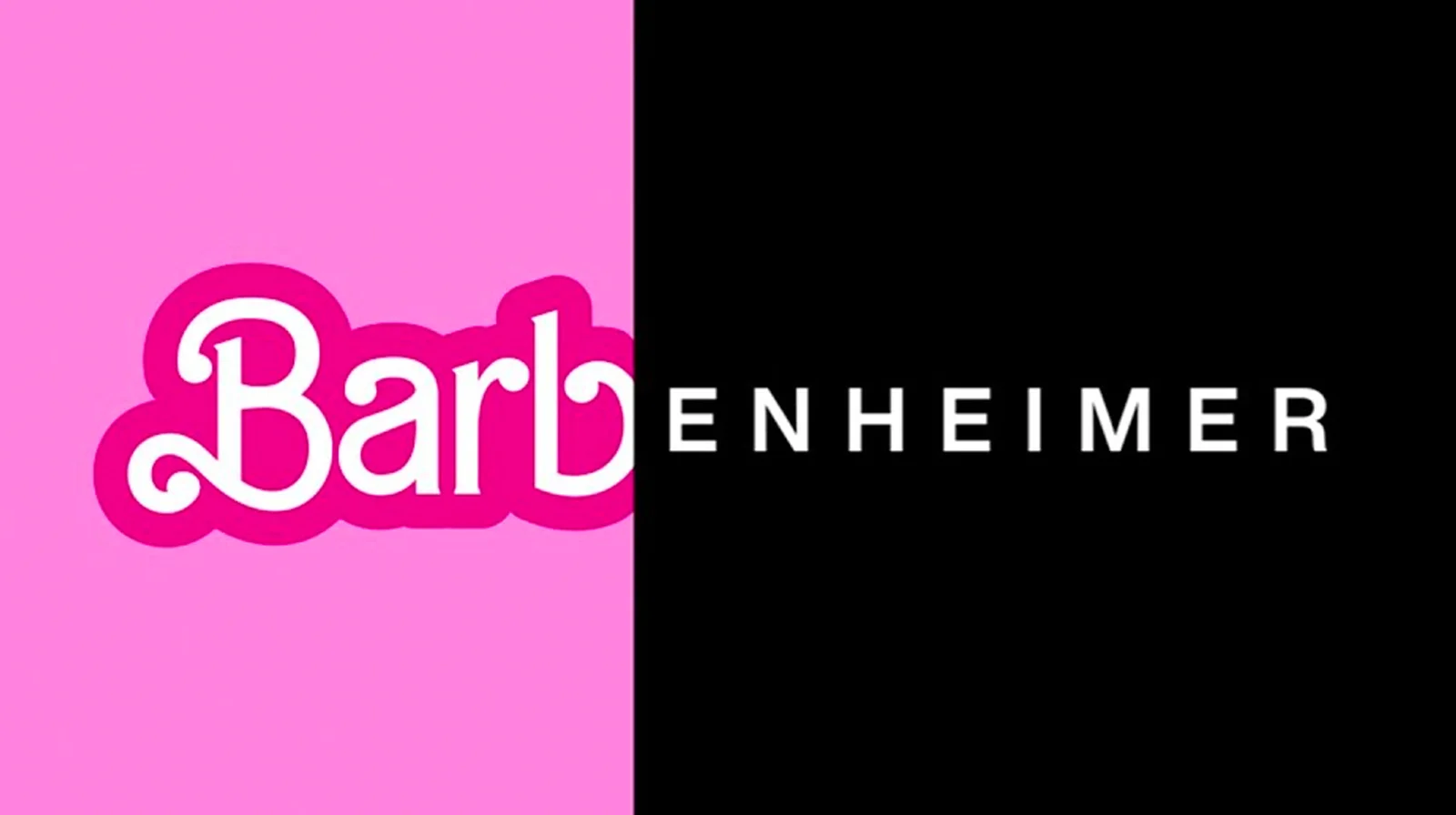 Barbenheimer — Split-screen logo with hot pink Barbie and black ENHEIMER text.
