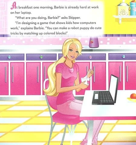 Barbie: I Can Be a Computer Engineer Parodies — Barbie at a kitchen counter with a laptop, explaining her game design to Skipper.