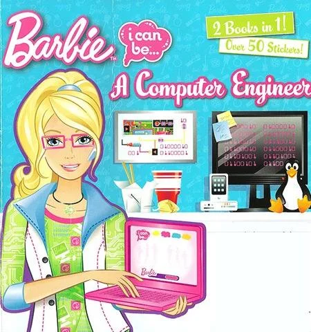 Barbie: I Can Be a Computer Engineer Parodies — Cover of 'Barbie I Can Be A Computer Engineer' showing Barbie with a pink laptop and computer monitors.