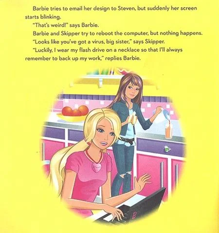 Barbie: I Can Be a Computer Engineer Parodies — Barbie at a laptop with Skipper, discussing a computer virus and flash drive backup.