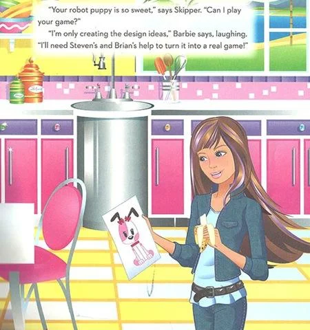 Barbie: I Can Be a Computer Engineer Parodies — Skipper holding a robot puppy sketch next to text about needing male friends' help to make the game.