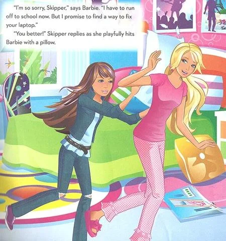 Barbie: I Can Be a Computer Engineer Parodies — Skipper playfully hitting Barbie with a pillow in a bedroom scene.