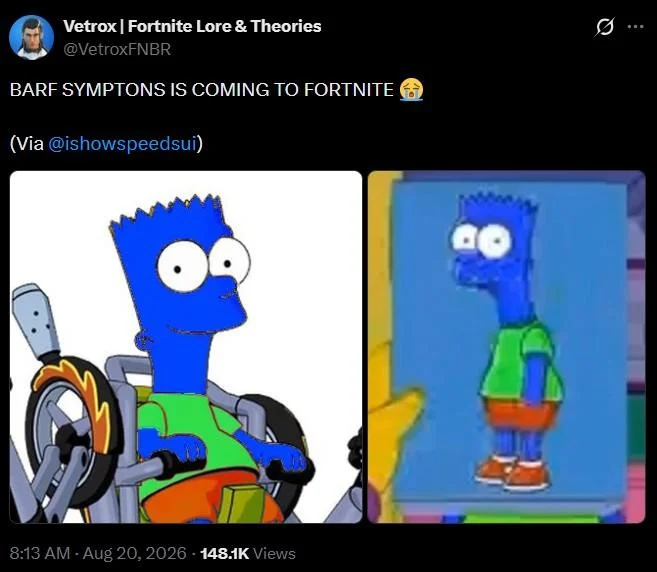 Barf Simmons Barf Symptons — Tweet announcing Barf Symptons coming to Fortnite with two character images