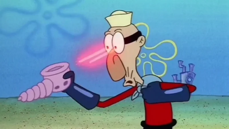 Barnacle Boy's Sulfur Vision — Barnacle Boy from SpongeBob SquarePants firing red laser beams from his eyes while holding a conch shell weapon