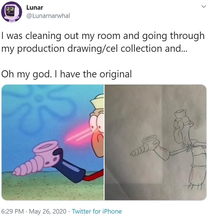 Barnacle Boy's Sulfur Vision — Tweet from Lunarnarwhal showing the sulfur vision screencap next to the original production cel drawing