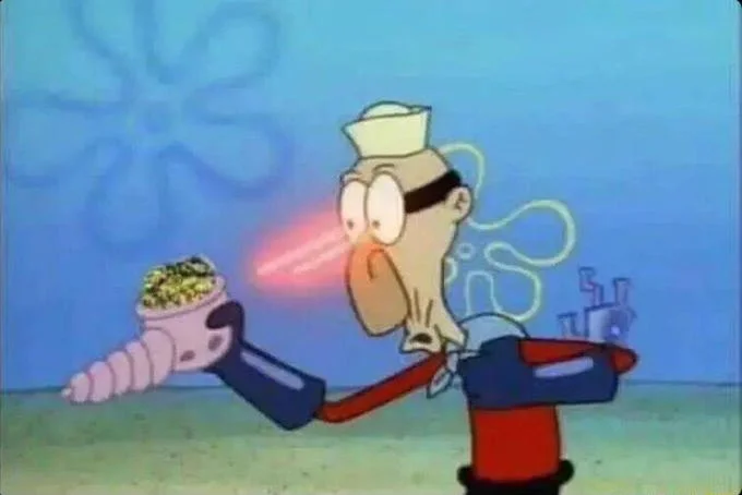 Barnacle Boy's Sulfur Vision — Barnacle Boy with red laser eyes aimed at an edited food item in place of his conch shell gun