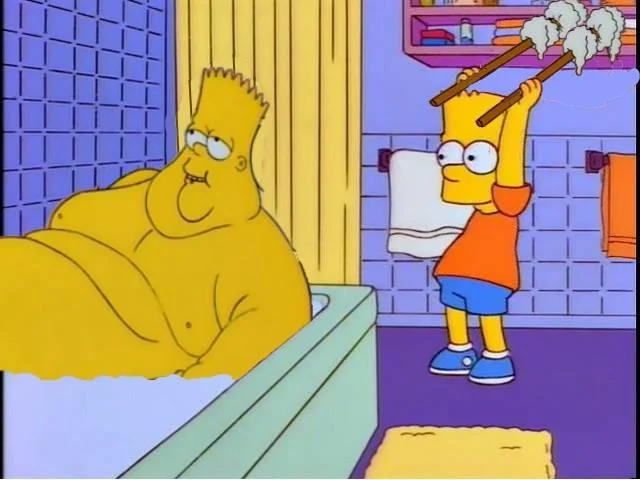 Bart Hits Homer With A Chair — Edited Simpsons meme with obese Homer and Bart holding cotton swabs