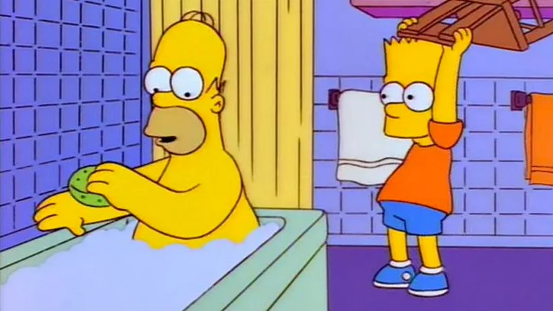 Bart Hits Homer With A Chair — Homer Simpson in bathtub holding soap while Bart raises a wooden chair to hit him