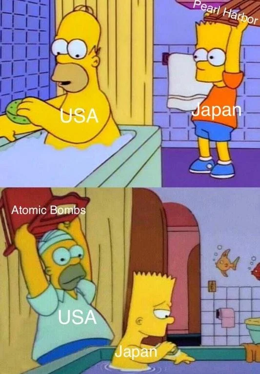Bart Hits Homer With A Chair — Two-panel meme with Pearl Harbor and Atomic Bombs labels on the Bart hits Homer scene