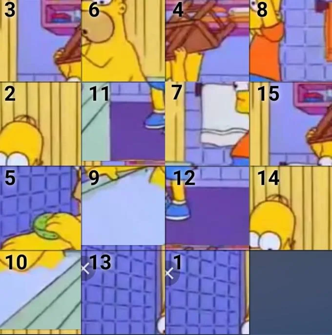 Bart Hits Homer With A Chair — Sliding puzzle version of the Bart hits Homer scene with numbered scrambled tiles
