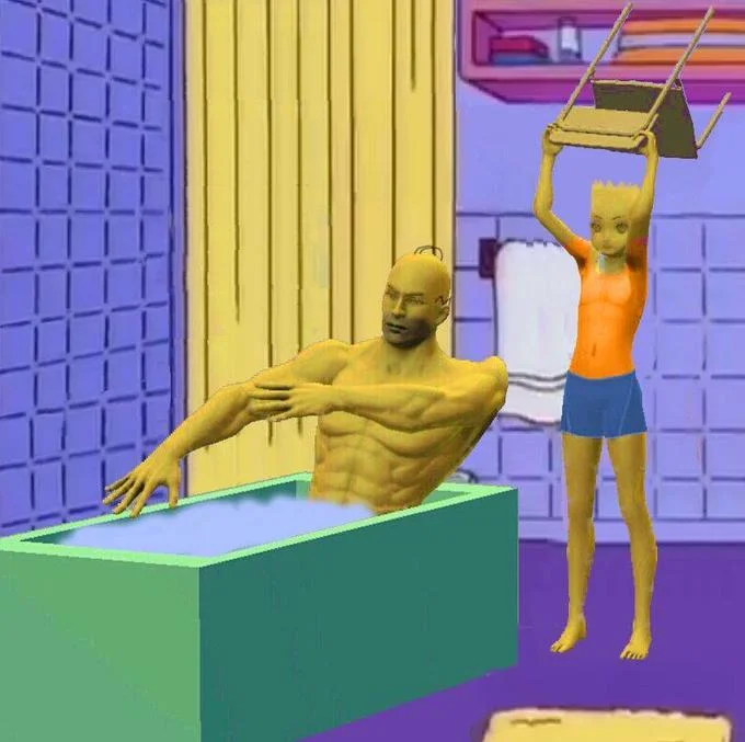 Bart Hits Homer With A Chair — Uncanny 3D-rendered version of Homer and Bart in the chair-hitting bathroom scene