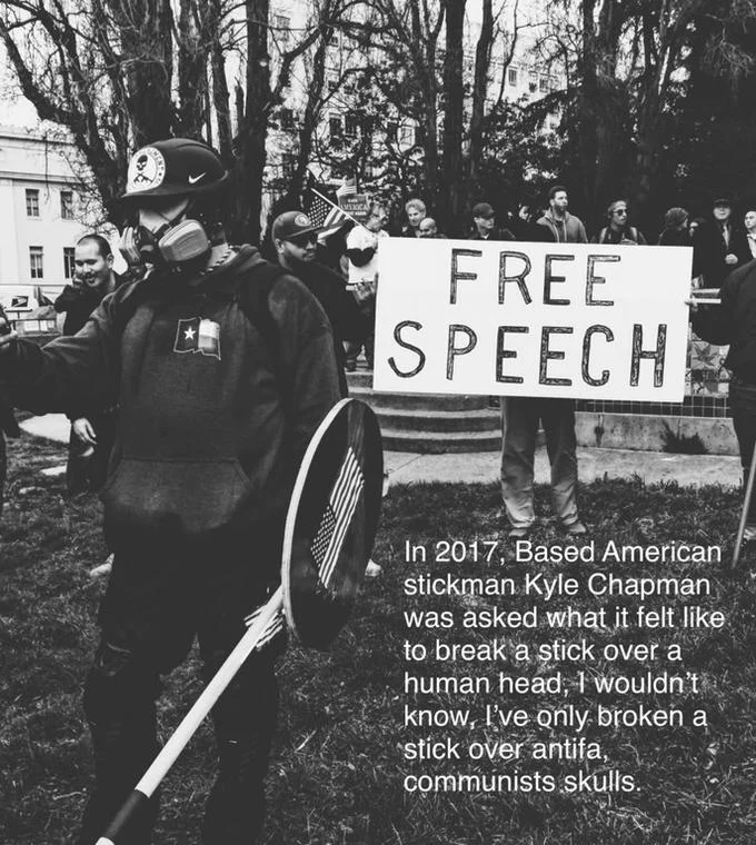 Black and white photo of Based Stickman with shield and stick, overlaid with a quote about breaking sticks over antifa skulls
