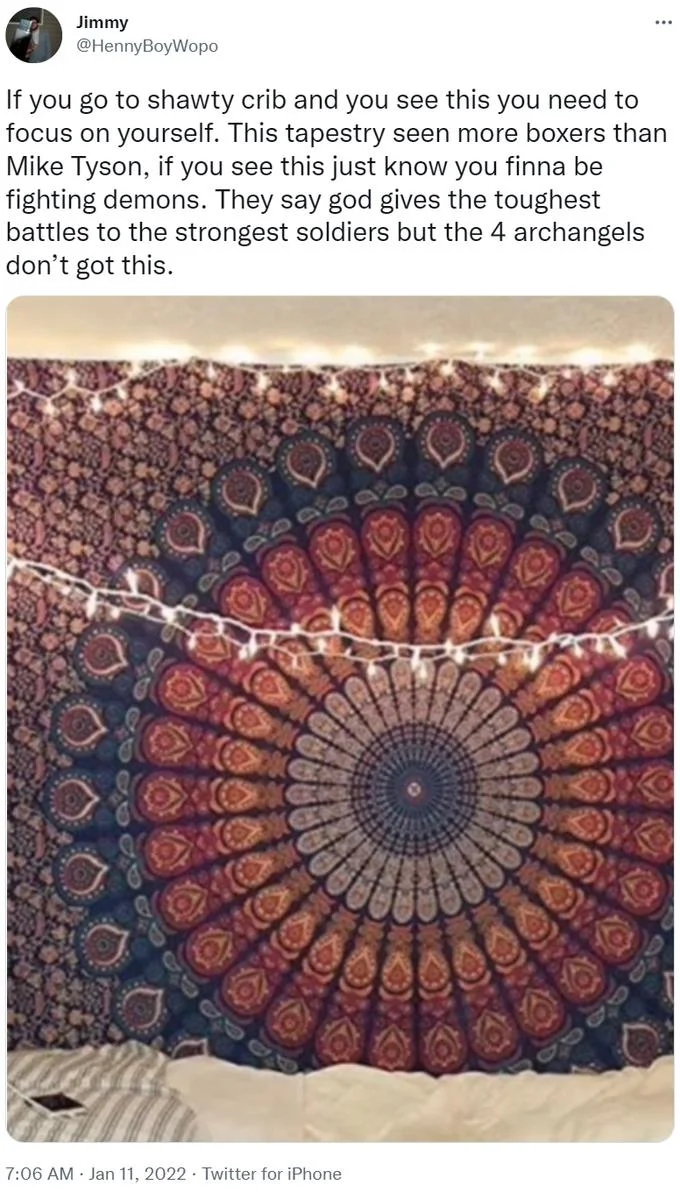 Basic White Girl Tapestry Mid Girl Pride Flag — Tweet with mandala tapestry claiming it's seen more boxers than Mike Tyson.