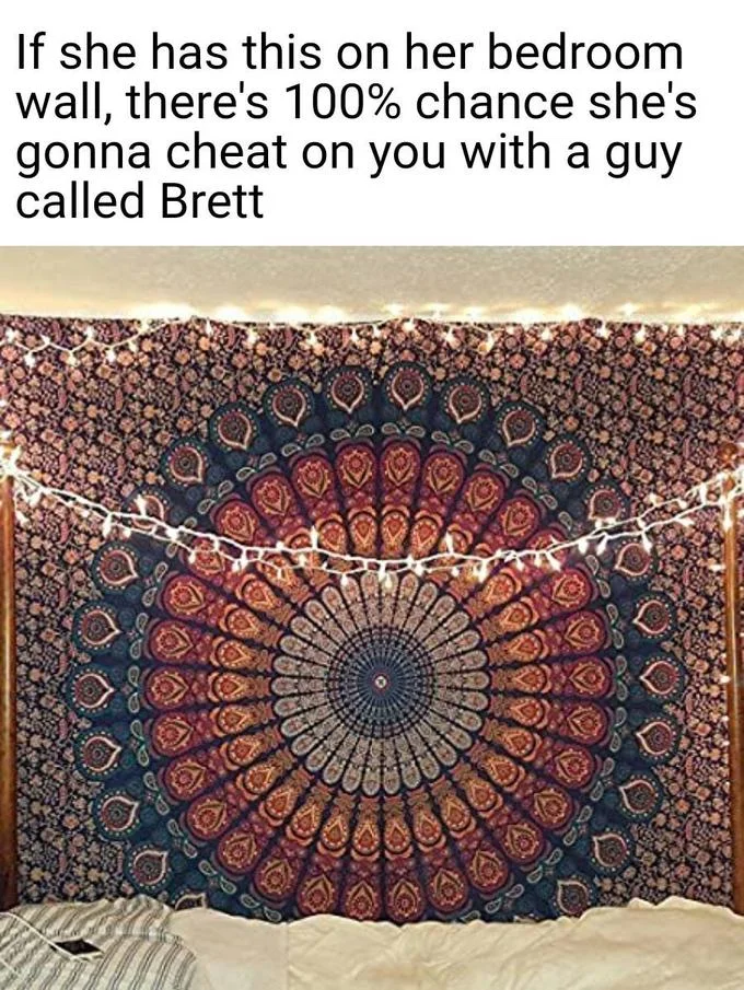 Basic White Girl Tapestry Mid Girl Pride Flag — Meme of mandala tapestry with text about cheating with someone named Brett.
