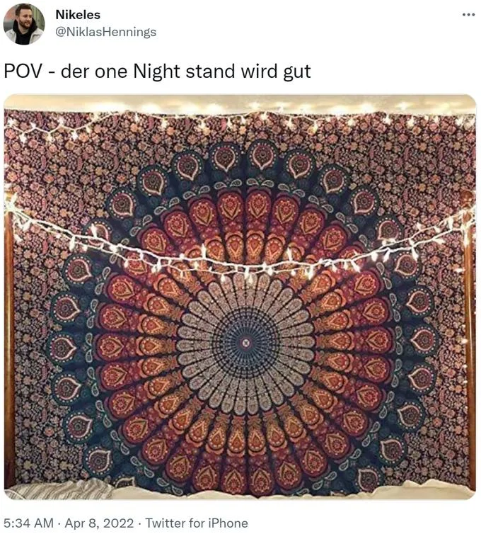 Basic White Girl Tapestry Mid Girl Pride Flag — German language tweet with mandala tapestry captioned about one night stand.