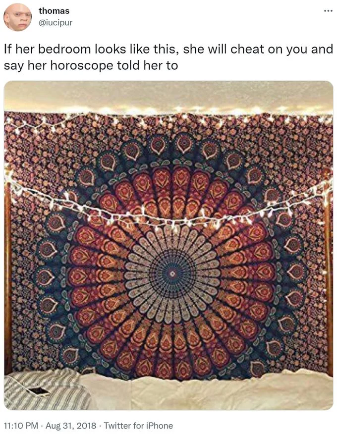 Basic White Girl Tapestry Mid Girl Pride Flag — Tweet with blue and red mandala tapestry captioned about cheating and horoscope.