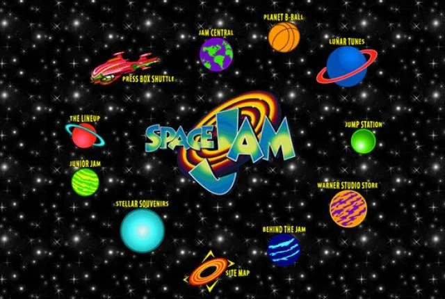 Basketball — Space Jam 1996 movie website homepage with space themed navigation