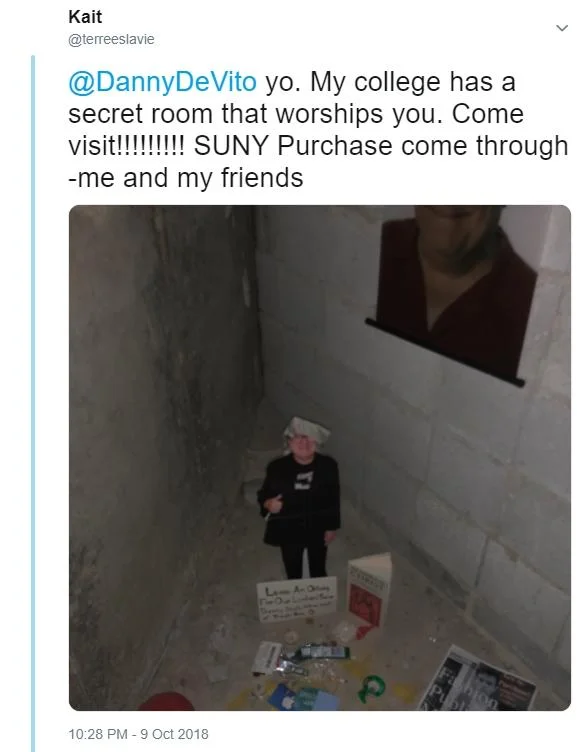 Bathroom Shrines — Twitter post describing college bathroom shrine dedicated to Danny DeVito.