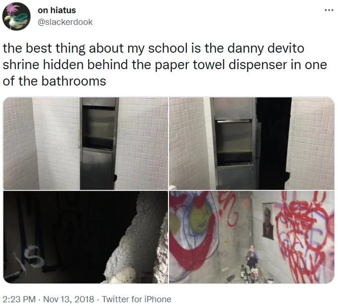 Bathroom Shrines — Twitter post showing shrine angles behind paper towel dispenser with graffiti.