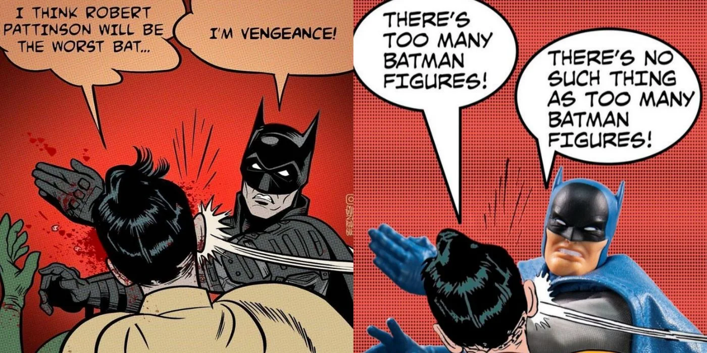 Batman Robin Slap — Four-panel Batman comic strip featuring slapping scene with dialogue about figures and vengeance.