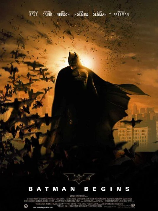 Batman Begins 2005 movie poster with Christian Bale and swarming bats