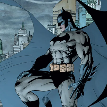 Batman crouching on a rooftop above Gotham City in a comic book illustration