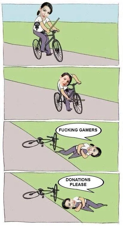 Baton Roue — Bike Fall meme variant blaming gamers and asking for donations