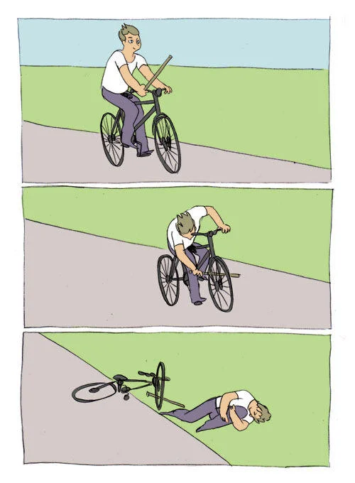 Baton Roue — Three-panel comic of a cyclist inserting a stick into his own wheel and crashing