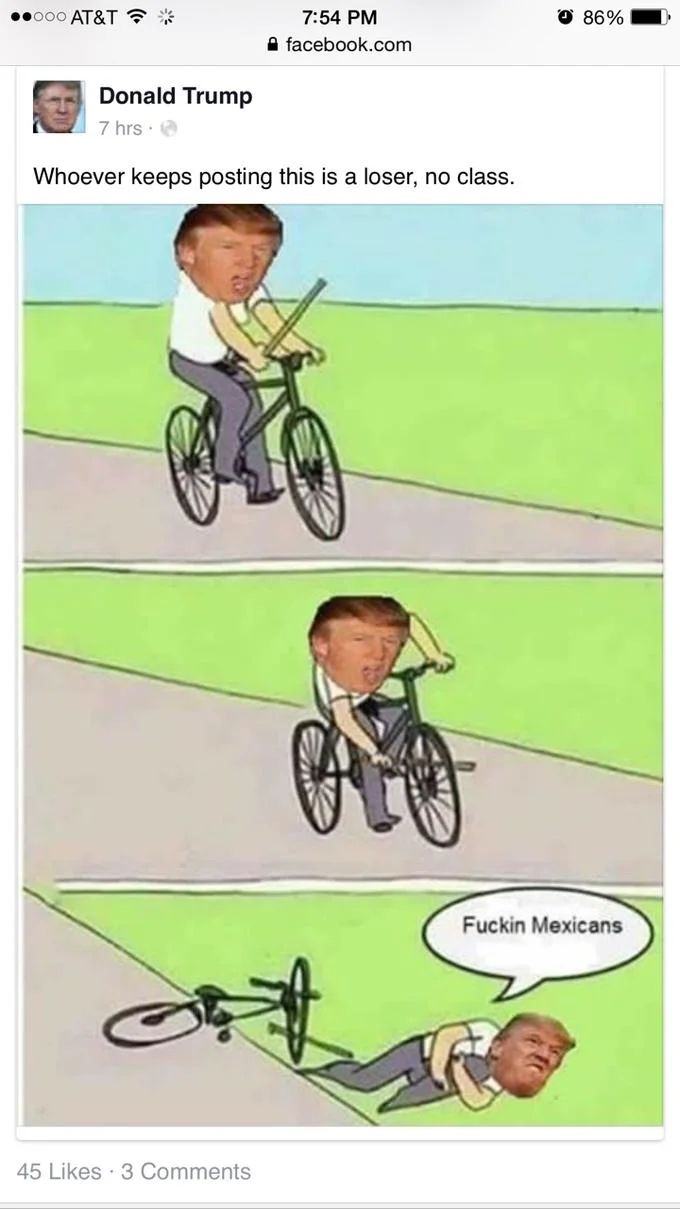 Baton Roue — Bike Fall meme edited with Donald Trump's face, blaming Mexicans after crashing