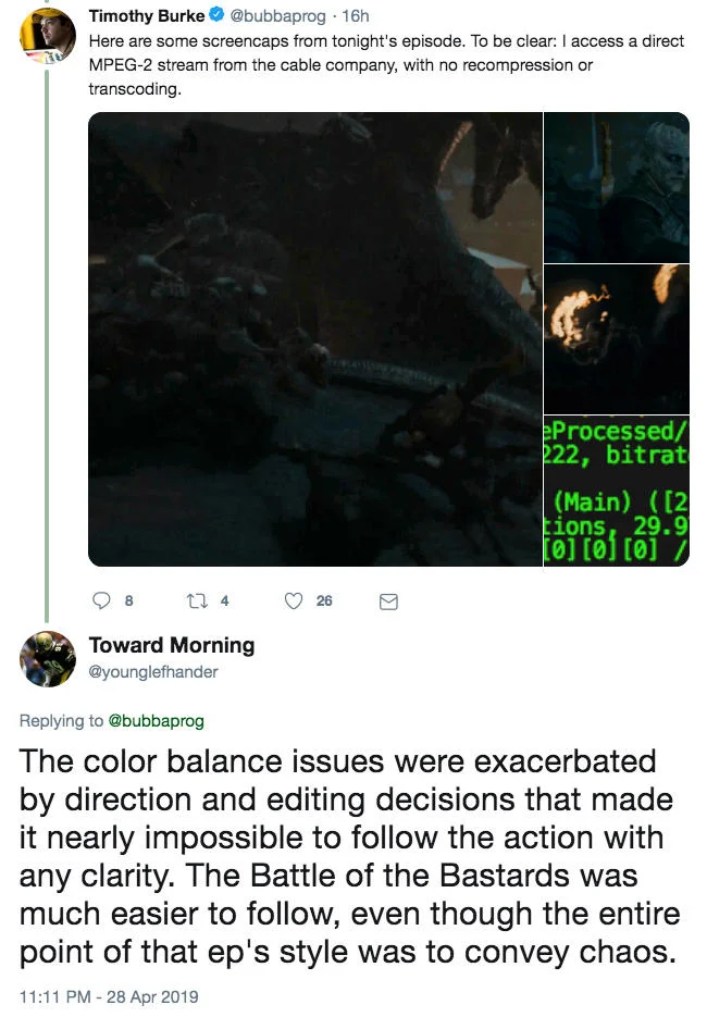 Tweets by Timothy Burke sharing dark screencaps criticizing Battle of Winterfell cinematography