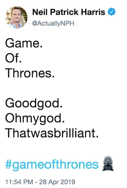 Neil Patrick Harris tweet praising Game of Thrones Battle of Winterfell episode