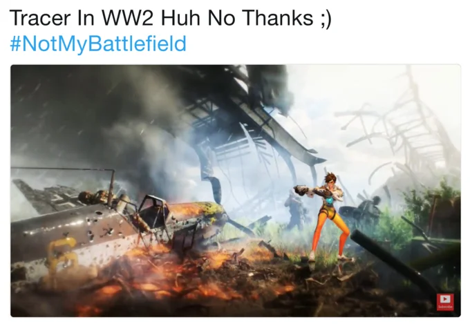 Tweet mocking Battlefield V with Tracer edited in, tagged #NotMyBattlefield