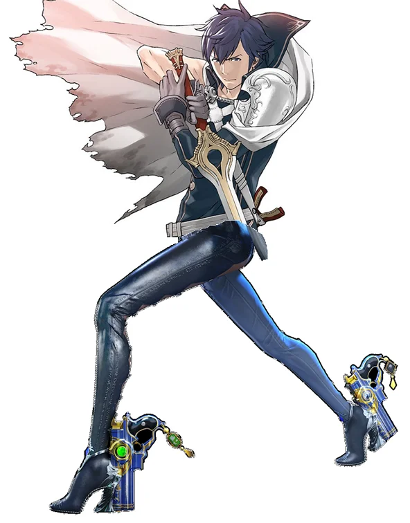 Waluigi edited into Bayonetta's pose with pistols on his hands and heels