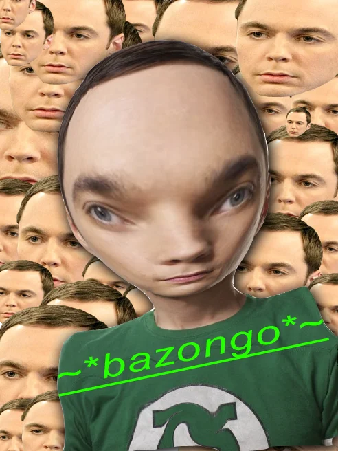 Bazinga — Distorted alien-like Sheldon Cooper face on tiled Sheldon background with bazongo caption