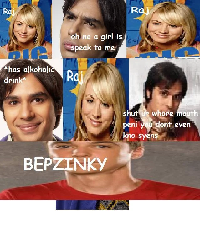 Bazinga — Parody meme collage of Big Bang Theory characters with misspelled captions ending in BEPZINKY