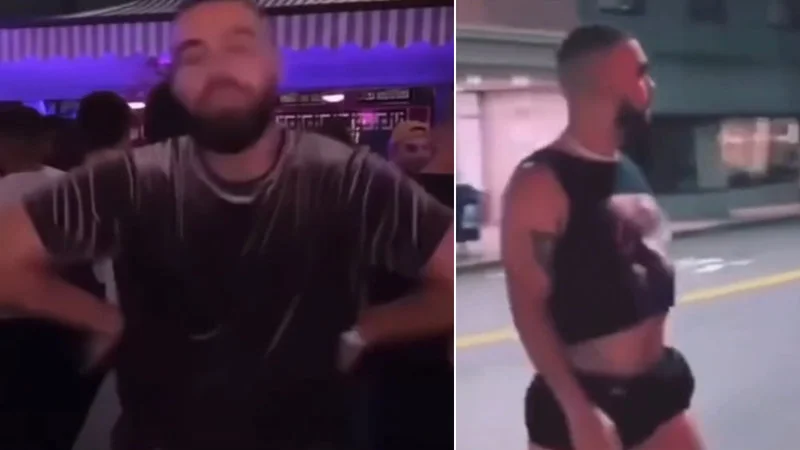 Bbl Drake — Split-screen comparison with purple-lit indoor space and outdoor fitness setting.