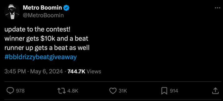 BBL Drizzy — Twitter screenshot showing Metro Boomin's contest offering $10K and beat prizes.