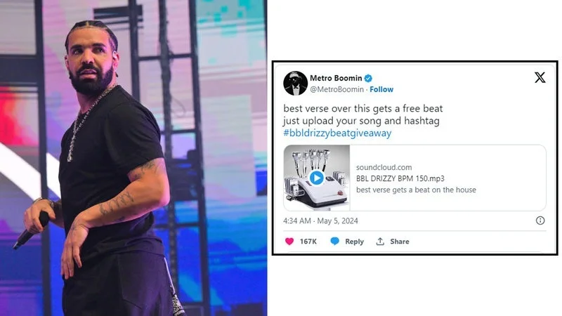 Drake in purple-lit performance with embedded Twitter BBL Drizzy announcement overlay.