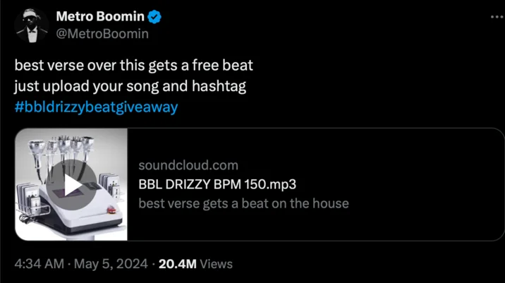 Twitter screenshot of Metro Boomin announcing BBL Drizzy beat free on SoundCloud.