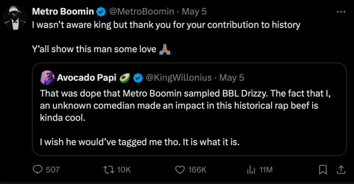 Twitter screenshot of Metro Boomin crediting King for BBL Drizzy significance.