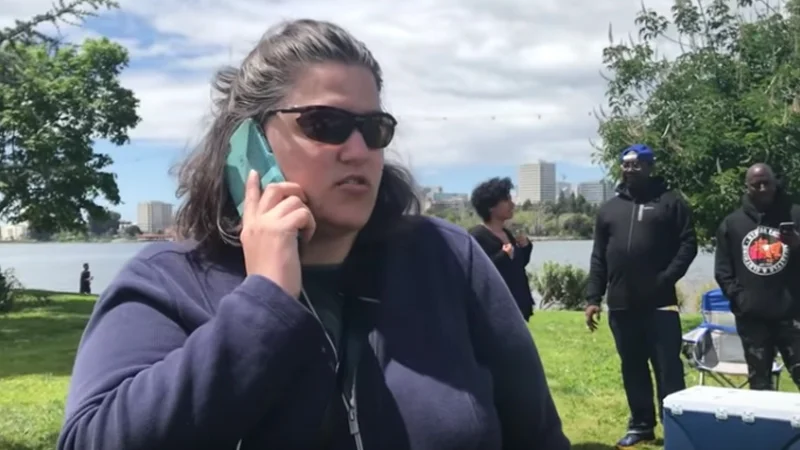 Bbq Becky — White woman in sunglasses on a cellphone by Lake Merritt with Black bystanders behind her