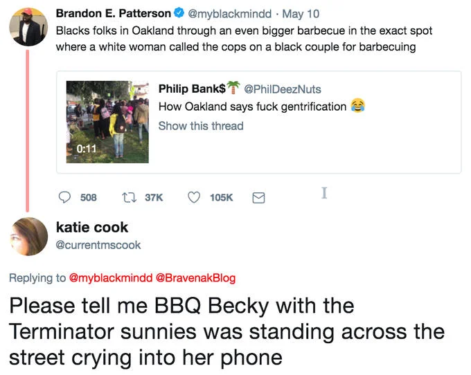 Twitter screenshot coining the nickname BBQ Becky with the Terminator sunnies