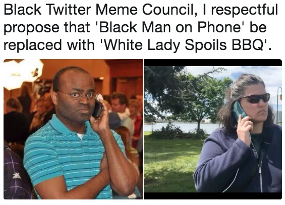 Bbq Becky — Tweet suggesting White Lady Spoils BBQ replace the Black Man on Phone meme, with side-by-side photos