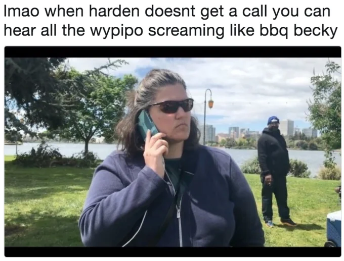 BBQ Becky meme referencing James Harden not getting a foul call