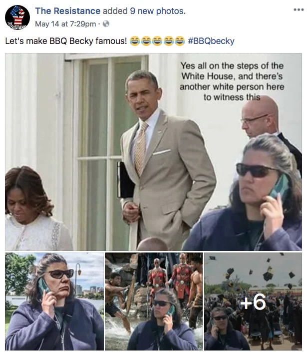 Facebook post titled Let's make BBQ Becky famous with Obama White House photoshop