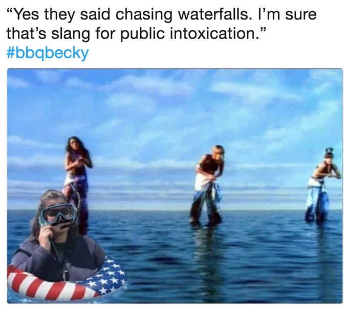 BBQ Becky photoshopped into TLC Waterfalls video with snorkel and flag inner tube