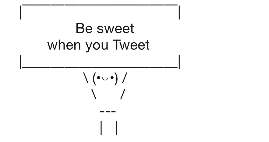 ASCII art figure holding a sign reading 'Be sweet when you Tweet'