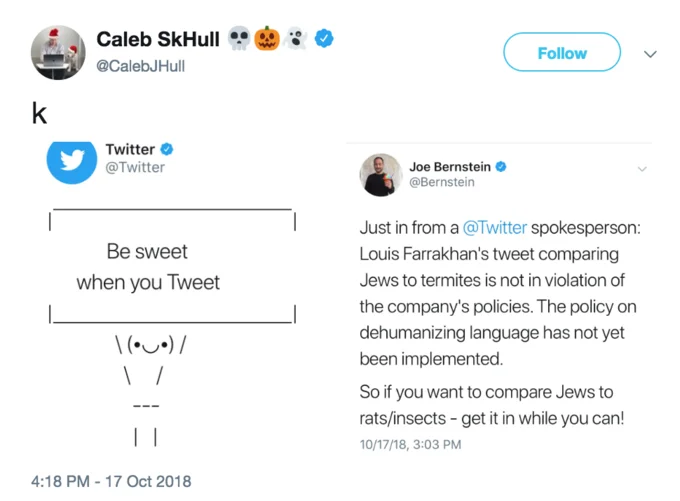 Be Sweet When You Tweet — Side-by-side tweet contrasting Twitter's 'Be sweet' post with its policy on antisemitic content