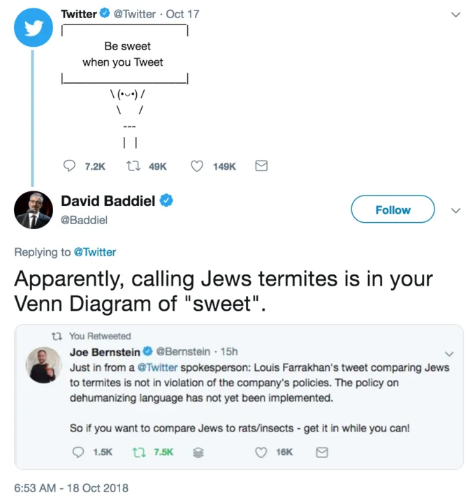 Be Sweet When You Tweet — David Baddiel tweet reply criticizing Twitter's inaction on antisemitic content